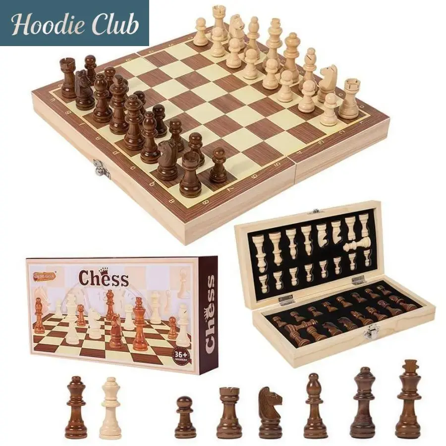 Magnetic Wooden 3-in-1 Foldable Chess Set - Chess, Checkers & Backgammon Board Game with 32 Pieces, Portable Travel Strategy Game for Family Home & Outdoor Leisure (Bag Accessory) Tabletop Games Durable