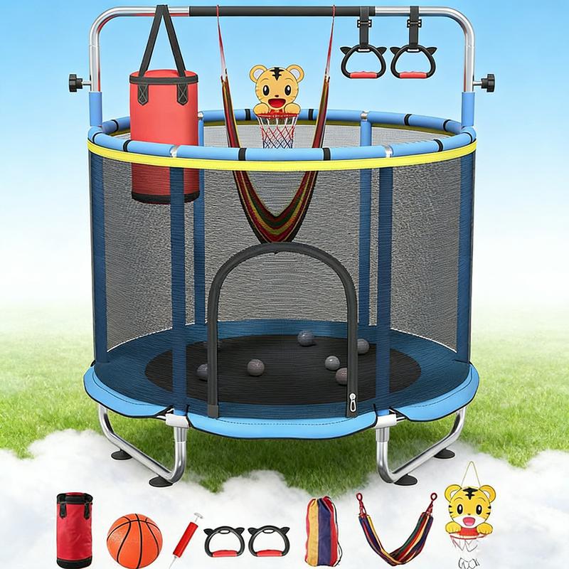 60" Trampoline for Kids with Safety Net, Indoor & Outdoor Toddler Trampoline with Swing, Adjustable Gym Bar & Basketball Hoop, Fun & Active Play for Boys & Girls