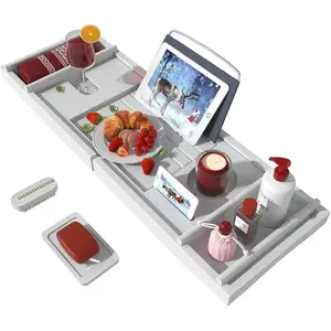 Bathtub Caddy Tray for Luxury Bath - Bamboo Waterproof Expandable Bath Table Over Tub with Wine and Book Holder and Free Soap Dish (White)