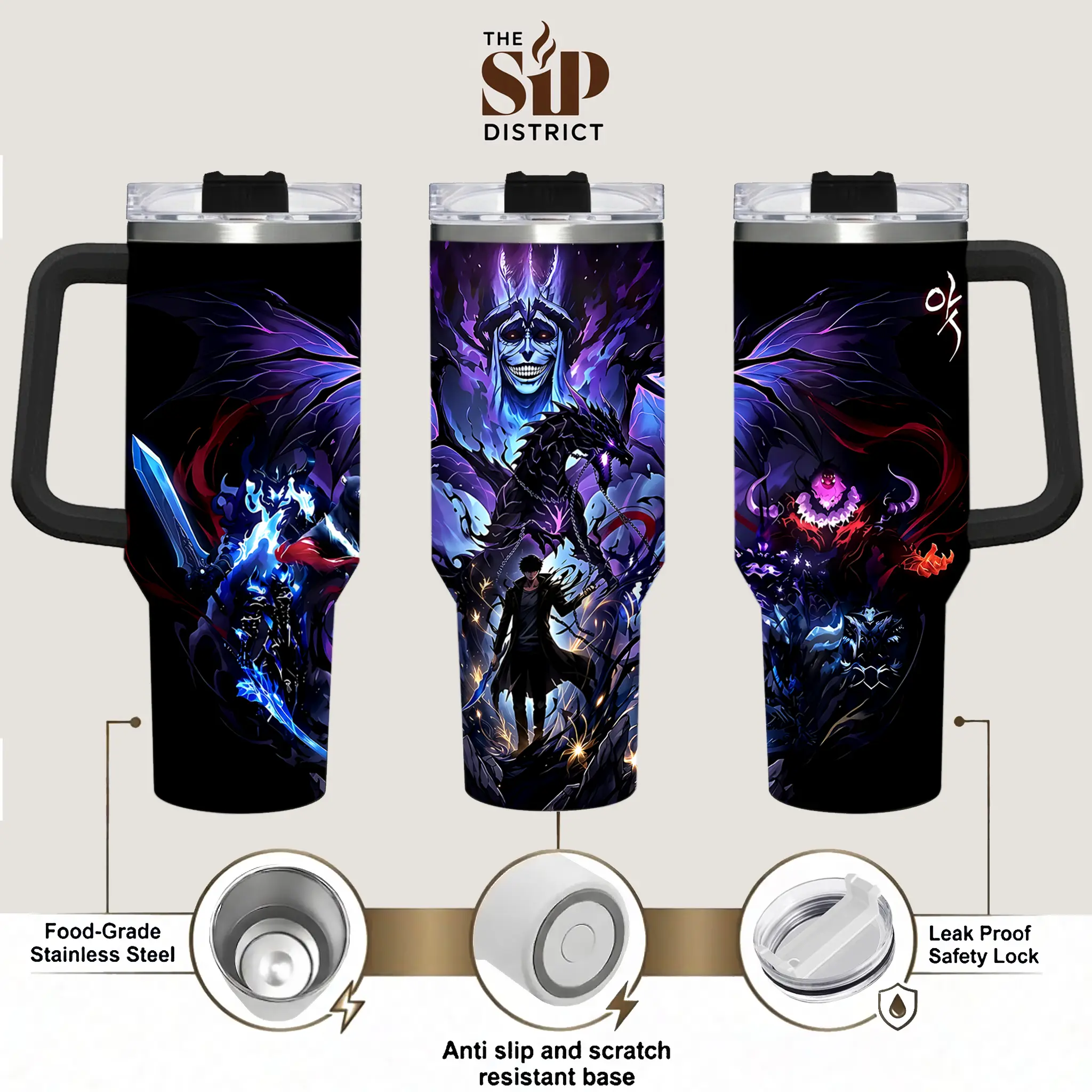 The Sip District.  Sung Jinwoo Beru Igris Antares Shadow Monarch 20oz & 30oz 40oz Handle Tumbler, Solo Leveling Anime Stainless Steel Travel Mug, Vacuum Insulated Otaku Cup