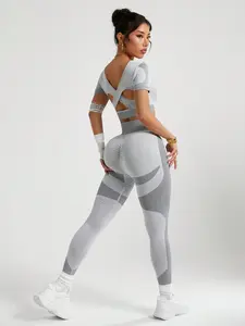 Women's Yoga Set Active Sportswear Short Sleeve Back Cutout Top High Waist Compression Long Pants Breathable Slim Fit All Season Activewear