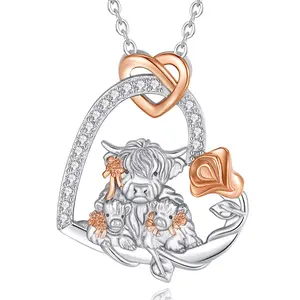 Highland Cow Family Necklace for Women 925 Sterling Silver Pendant with Cute Animal Meme Design, Ideal for Girl Gifts and Chic Jewelry