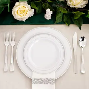 New 150PCS Silver Plates Plastic - Disposable Plastic Silverware Christmas plates include 25 Dinner Plates 25 Salad Plates 25 Forks 25 Knives 25 Spoons 25Disposable Napkins