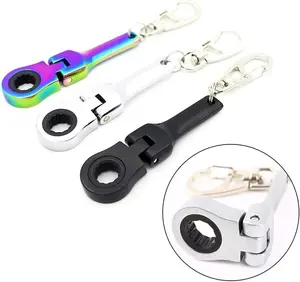 VAYWET 10mm Socket Ratchet Wrench Ratchet Tools Keychain Mini Shaped Metal Alloy Racing 180° Flex Head Functional Spanner Key Chain Ring Keyring Adjustable Wrench Tools, Gift For Specific 72-Tooth Mechanic (Neo Chrome Plating / Black / Silver)
