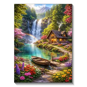 1Pc Magical Waterfall Cottage Diamond Painting, Relaxing DIY Art,Rainbow Landscape Decor DIY Wall Art 30x40cm /11.81x15.75inch