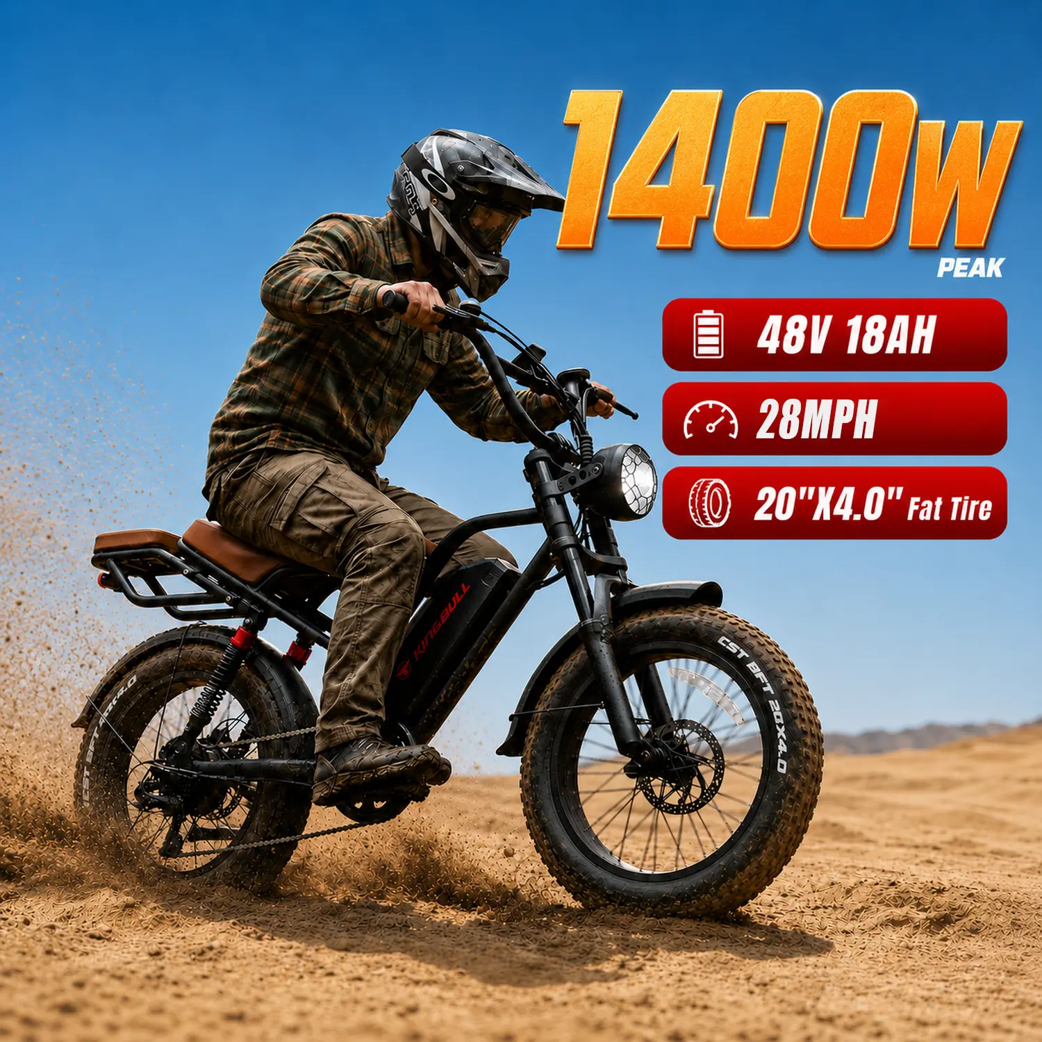 Kingbull Ranger Electric Off-Roading Bicycle - 1400W Peak Power, 28 MPH Top Speed, 80 Mi Range, 48V 18Ah Removable Battery, 2-Seater, 20"x4.0" All-Terrain Tires, Hydraulic Disc Brakes, 7-Speed, LED Light, Suspension for Mountain Biking, Trail Riding