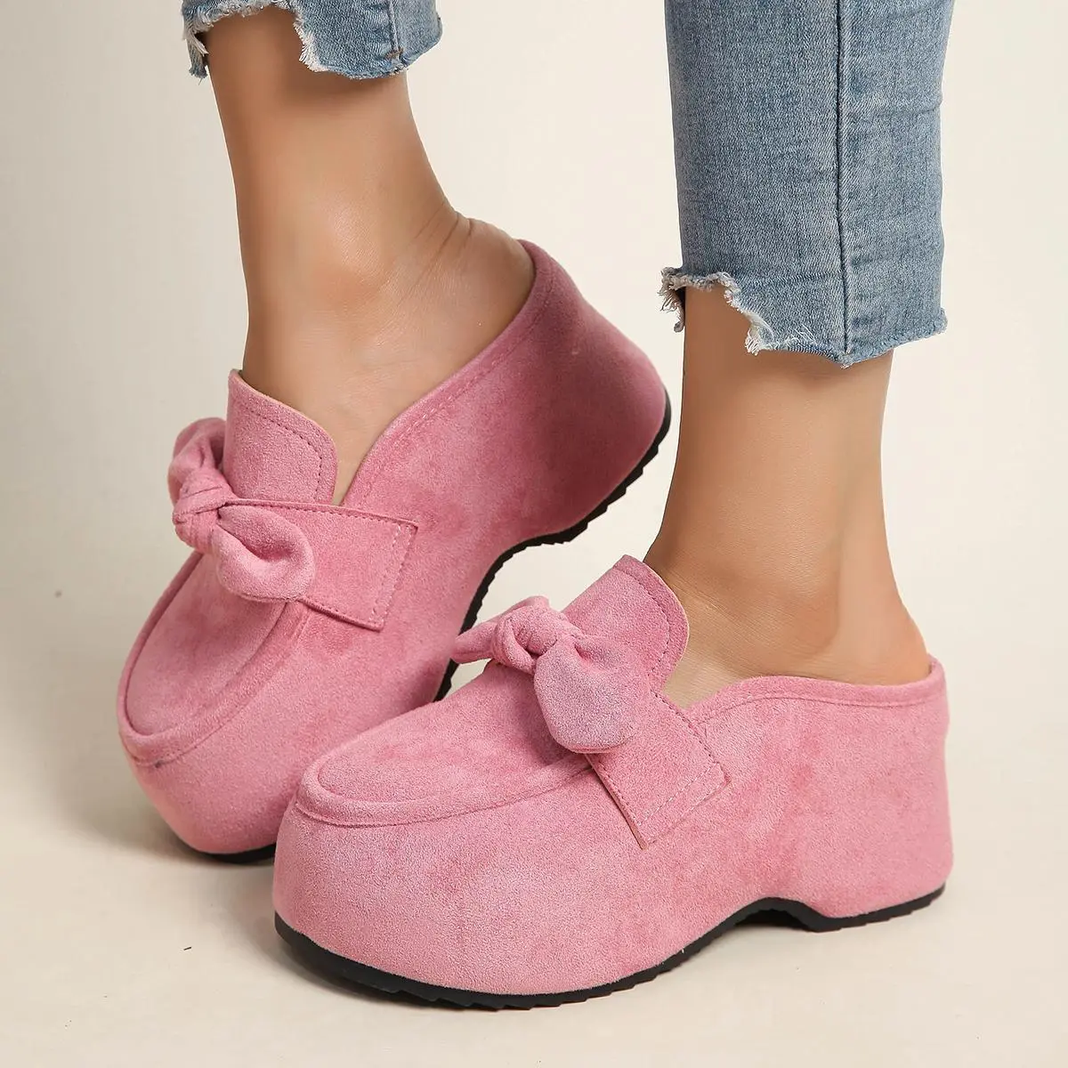 Women's Soft Suede Chunky Platform Wedge Block Heels - Slip-On Round Toe Backless Clogs, Padded Comfortable Shoes for Everyday Casual Walking