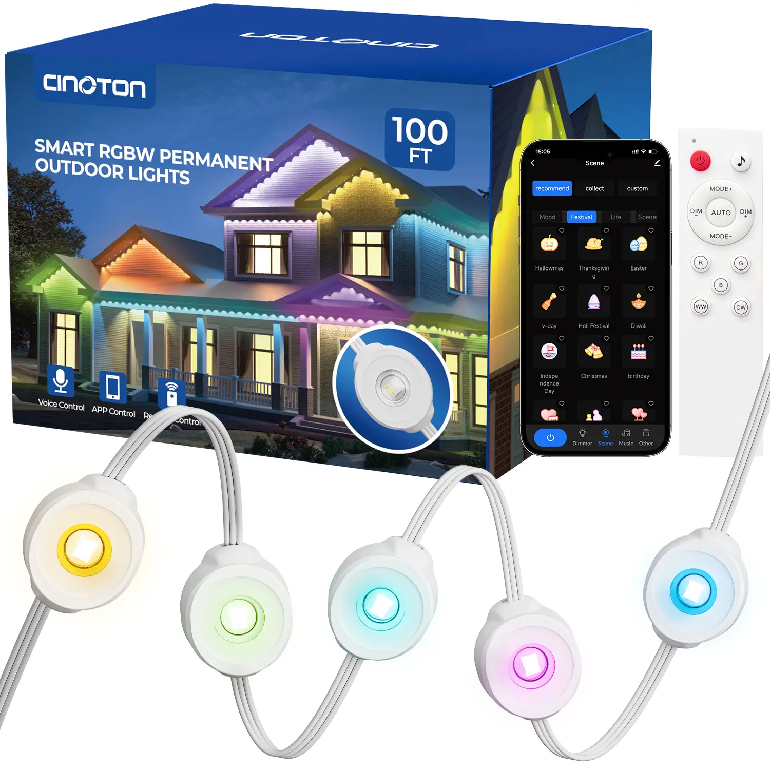 Partphoner Smart RGBW Permanent Outdoor Lights 16 Million Colors IP67 Waterproof APP/Voice/Remote Control for Decorations Halloween Christmas