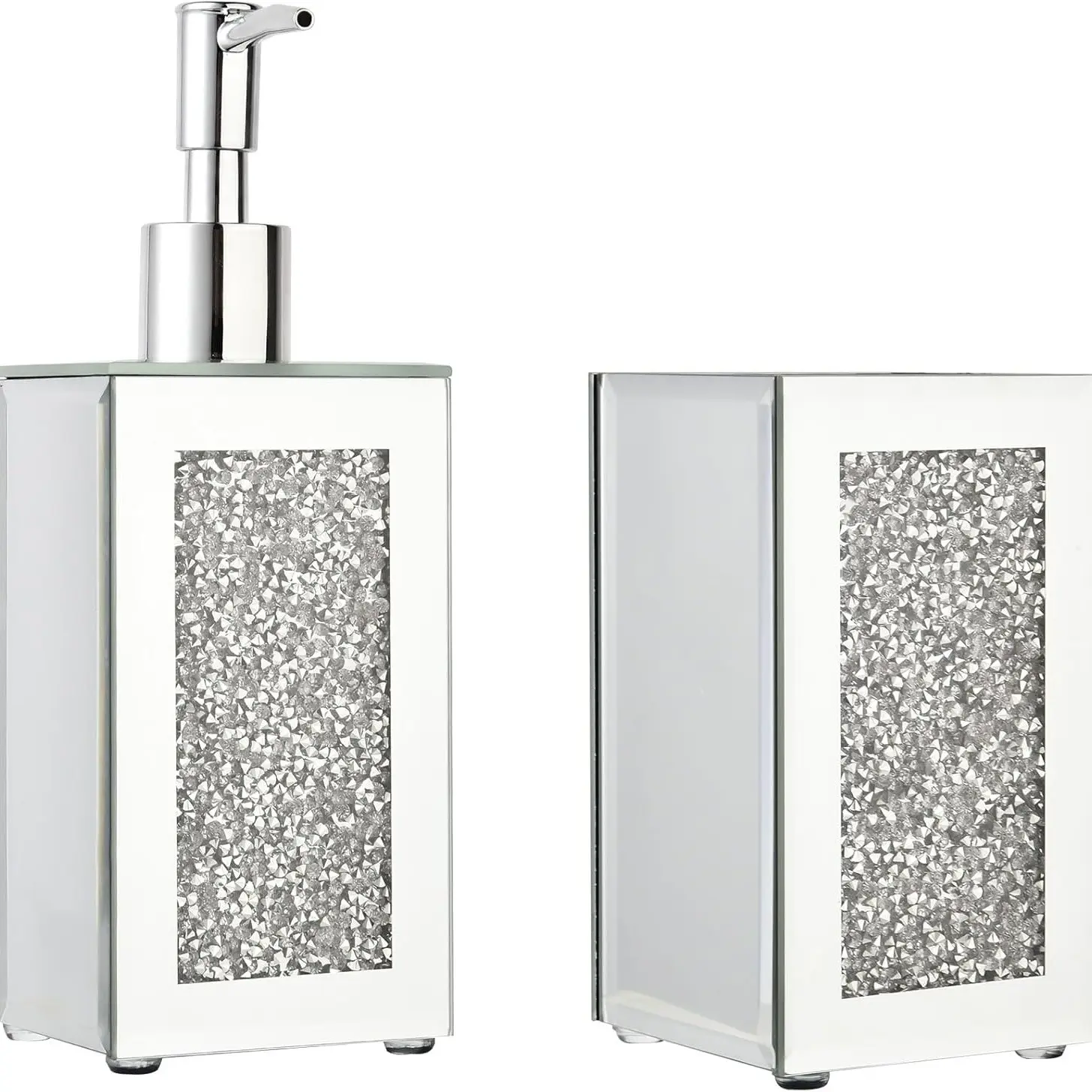 Luxury 2-Piece Bathroom Accessory Set, 150ml Diamond-Embedded Glass Soap Dispenser Pump and Toothbrush Holder, Elegant Vanity Organizer for Modern Bathrooms, Bathroom Organizing Accessories, Gift