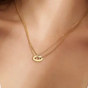 Women's Light Luxury Multilayer Geometric Stainless Steel Gold Chain Necklace 2-Pack with Custom Pendant, High-End Casual Unisex Style, Ideal Valentine & Anniversary Gift for Girlfriend