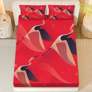 3Pcs Red Crane Art Fitted sheet Three Piece Set (1*Fitted Sheet+2*Pillowcases, Coreless), China Festival theme, Elegant Bedroom Bedding Set, Mattress protector Soft, Breathable