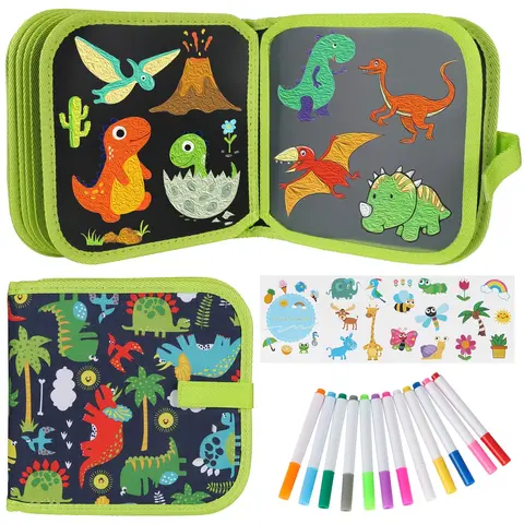 Kids Erasable Coloring Book Multi-Color Set - Reusable Children's Educational Art Toy, 12 Watercolor Pencils, 14 Pages, Colorful Marker Pens, Washable Pages, Art Stickers, PVC Components, Road Trip Toy