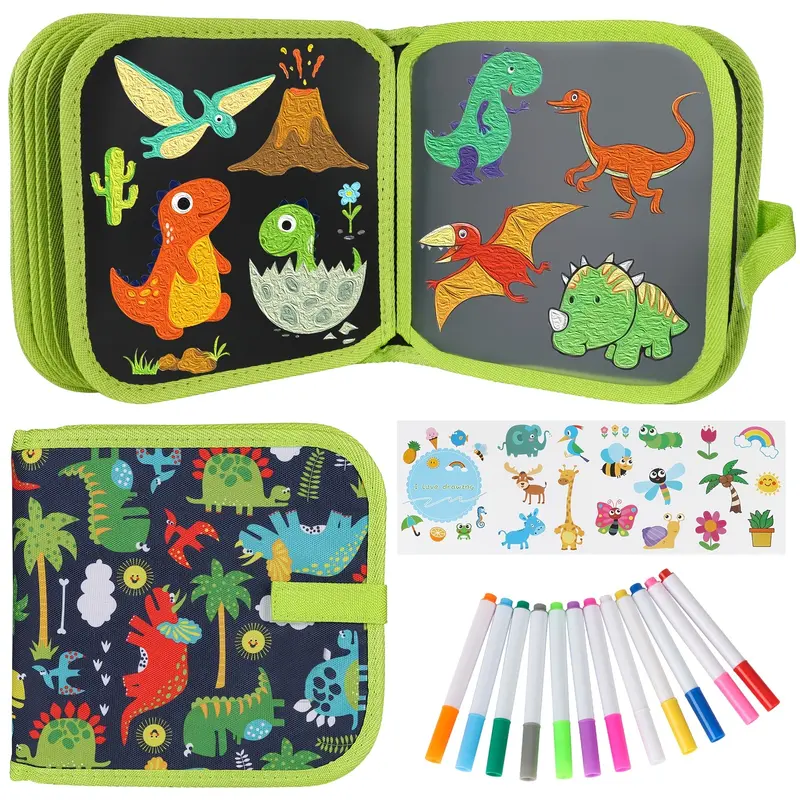 Kids Erasable Coloring Book Multi-Color Set - Reusable Children's Educational Art Toy, 12 Watercolor Pencils, 14 Pages, Colorful Marker Pens, Washable Pages, Art Stickers, PVC Components, Road Trip Toy