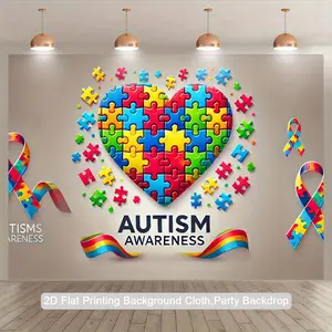 2D Flat, 1pc Autism Awareness Puzzle Heart Puzzle Piece Banner - Colorful Autism Acceptance Decoration with "Autism Acceptance" Text, Polyester Backdrop for Indoor/Outdoor Parties, Party Decoration, Holiday Celebrations, Indoor Outdoor Decor