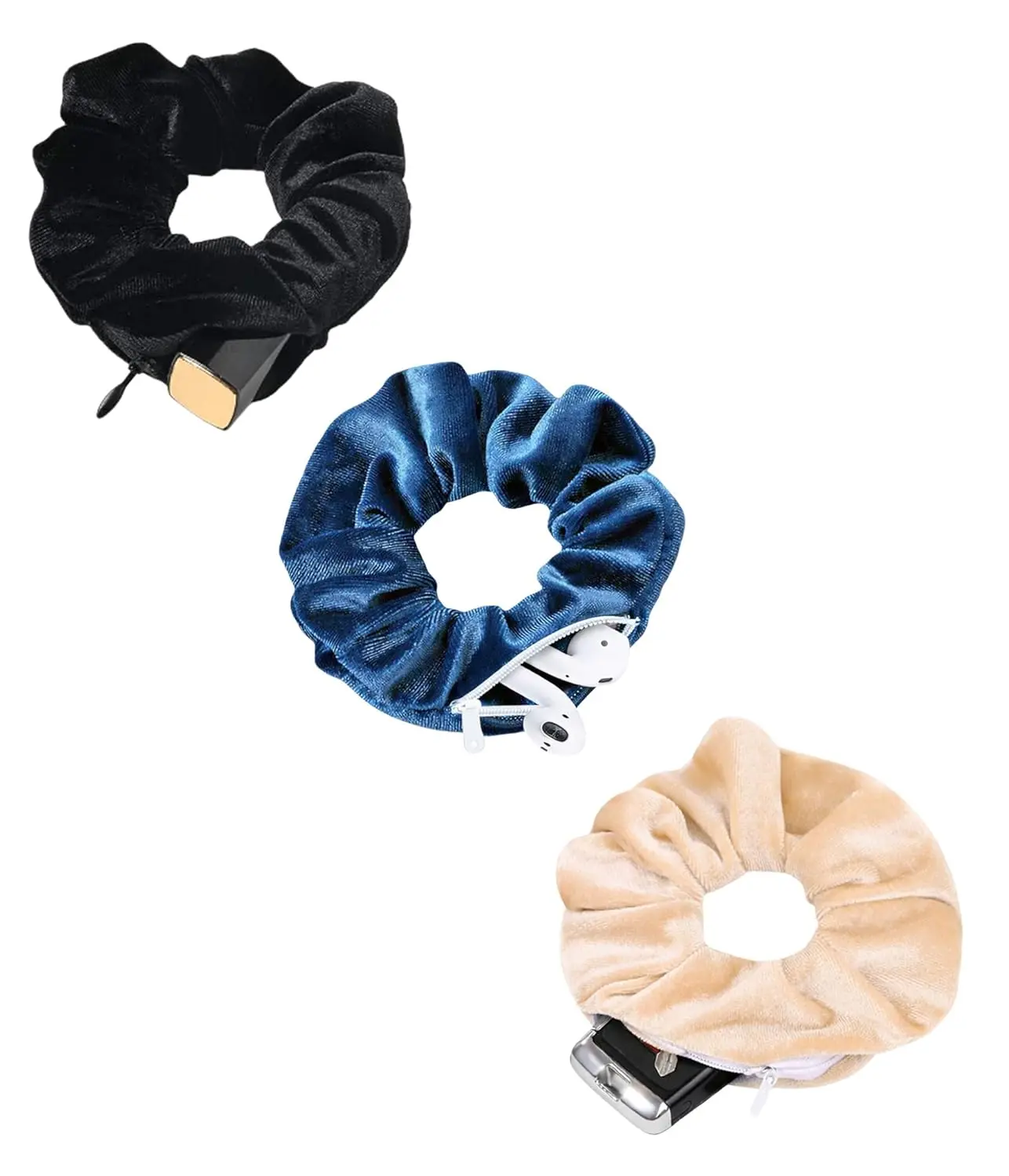 Zipper Scrunchies, Pocket Scrunchie, Velvet Hair Ties Bracelet, Key Money Chapstick Storage Bag, Elastics Hair Band (Grey Black Beige)