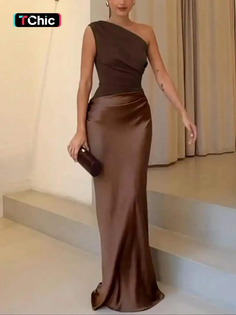 Women's One-Shoulder Satin Evening Gown, Long Bodycon Dress, Elegant Party Wear, Wedding Guest, High Waist Slimming, Asymmetrical Neckline, Bodycon Fit Dress