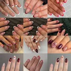 Short Oval Multicolor Bow Heart Press-On Nail Set, Detachable Nails, Daily Use for Women Girls, Glossy Finish, Single Item
