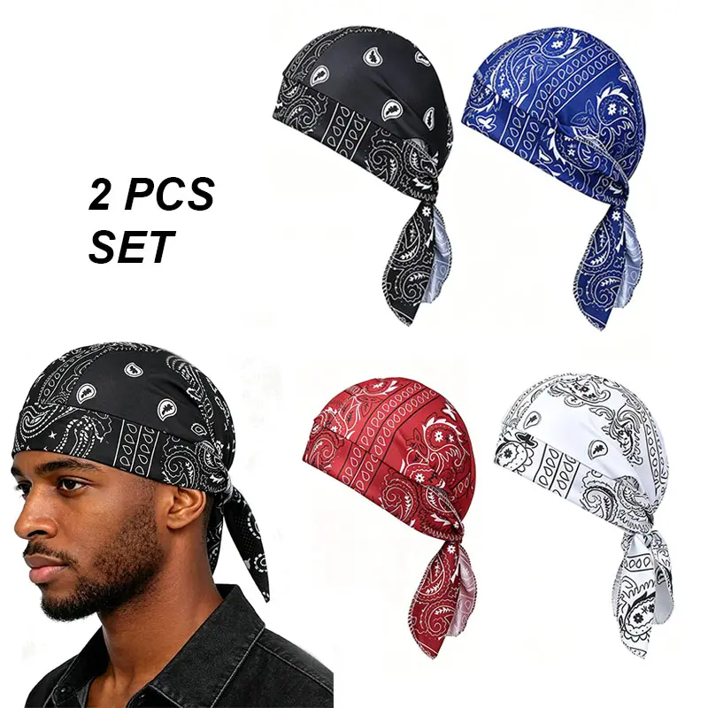 Men's 2-Pack Pirate Bandana Head Wraps - Funky Gothic Paisley Novelty Cap, Multicolor Outdoor Headwear for Cycling, Adult Fashion Accessory, Fashion Hats, Casual Trendy Hat, Digital Print, Vibrant Look, Hair Wrapping Hats backtoschool