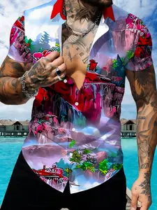 Printed Short Sleeve Shirt for Men, Summer Watercolor Landscape Floral Waterfall Pattern Casual Top