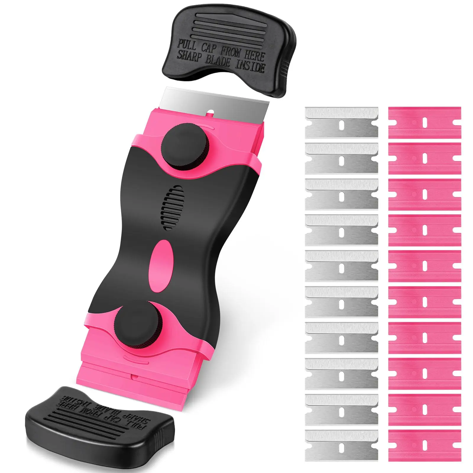 2-in-1 Scraper Tool with 10PCS Metal Blades and 10PCS Plastic Blades, Multi-funtional Cleaning Razor Scraper for Decals, Stickers, Labels, Caulk, Adhesive Removal(Pink)