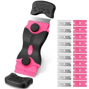2-in-1 Scraper Tool with 10PCS Metal Blades and 10PCS Plastic Blades, Multi-funtional Cleaning Razor Scraper for Decals, Stickers, Labels, Caulk, Adhesive Removal(Pink)