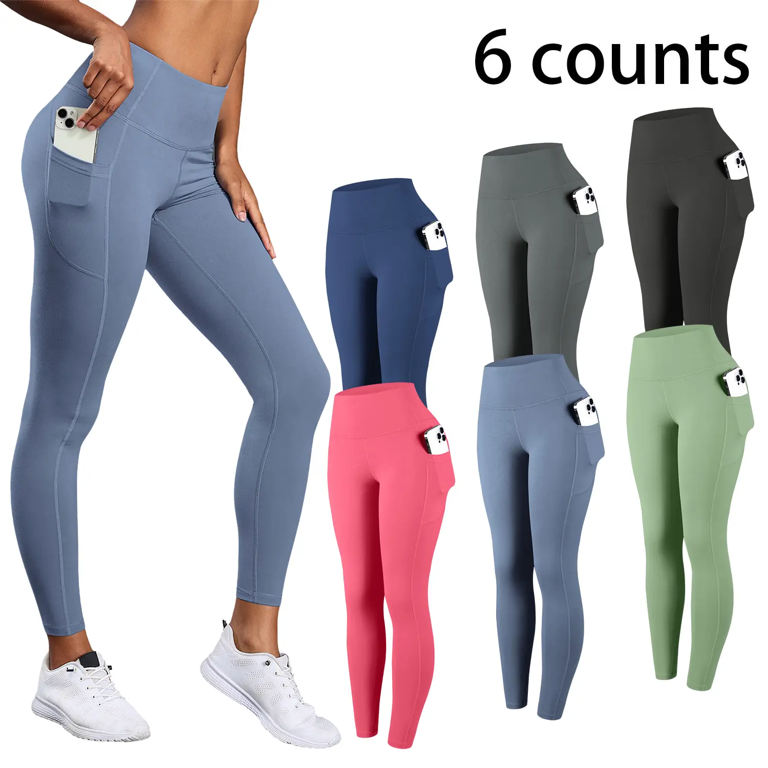 Women's Bottoms 6-Pack High-Waisted Sports Leggings with Pockets, Slim-Fitting Tummy Control Training Leggings, Soft Breathable Quick-Dry Stretchable Activewear for Yoga, Gym