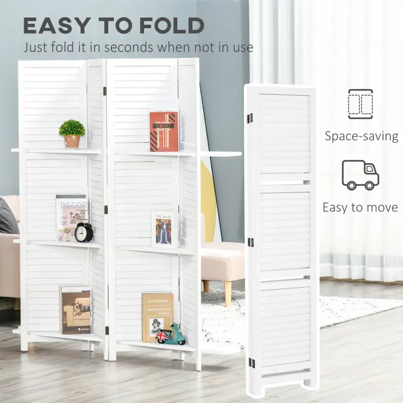 Foldable Paulownia Wood Room Divider - 4-Panel, 67" Tall, 3 Display Shelves, Folding Storage, Raised Ft, High-Quality Premium Materials, for Bedroom & Home Office, White
