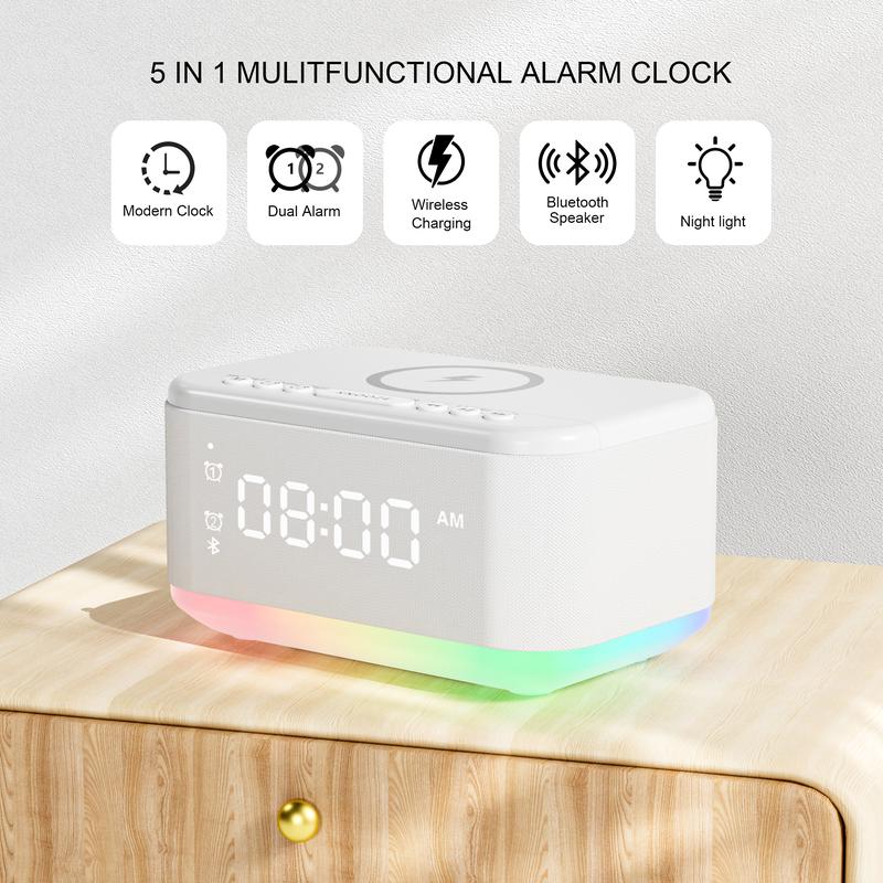 Fansbe Tech Alarm Clock Speaker Wireless Charger, Digital Alarm Clocks Bedrooms Bluetooth, Alarm Clock Dimmable Light Bedrooms Dual Alarm Snooze Dimmer 12 24H RGB Night Light Bluetooth USB AUX, Gray