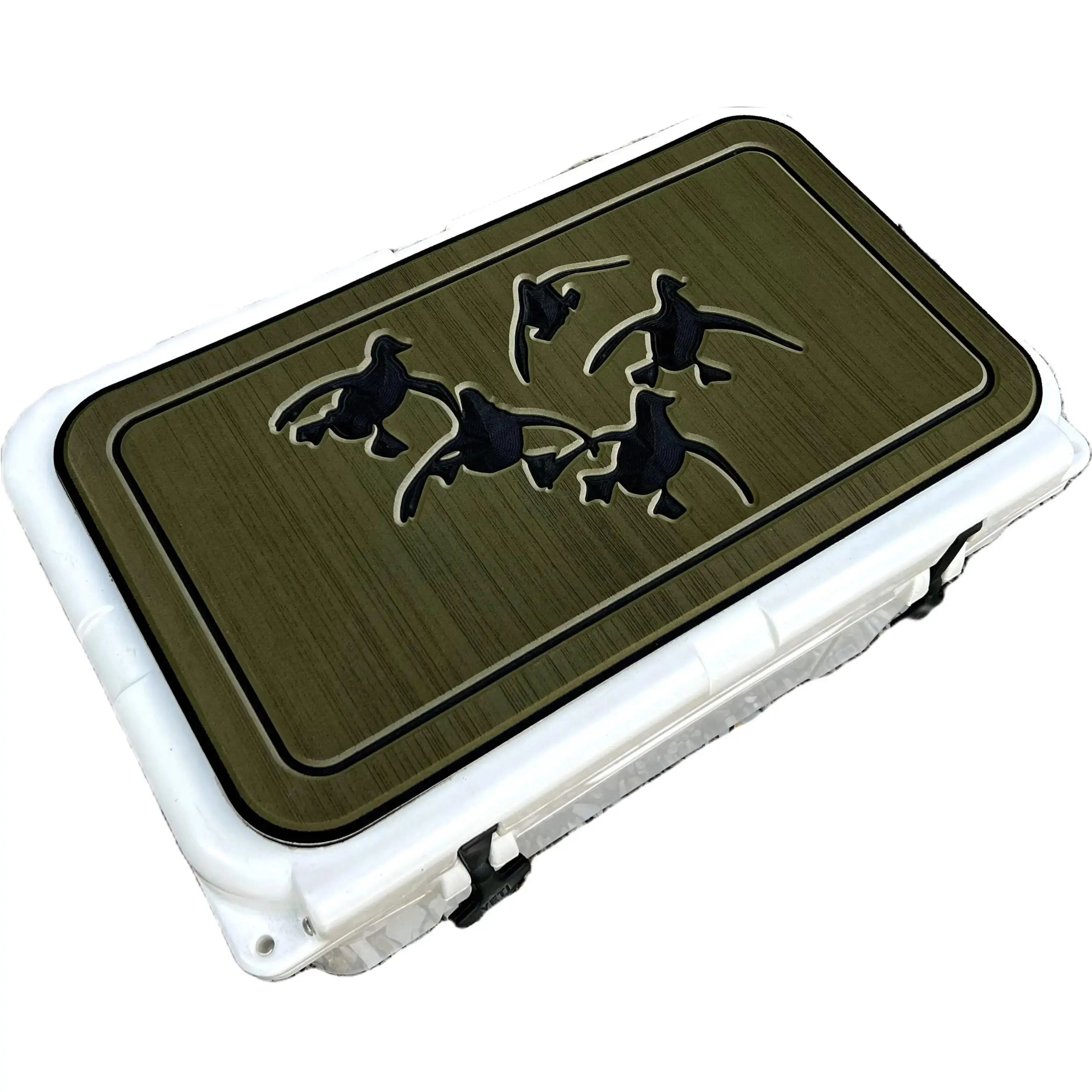 YETI Cooler Pad with Cupped Ducks Logo - Top fits YETI Tundra, Roadie, Haul, & Wheeled Cooler Lids- Olive Green/Black Mat.  Easy peel and stick application. 3M Adhesive. Camping Gear Must Haves Camping Gadgets