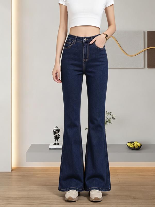 Women's High Waist Flare Jeans Dark Blue Original Denim Pants Bell Bottom Mid Rise Casual Trousers Trendy Aesthetic Streetwear Y2K Vintage Everyday Bottoms