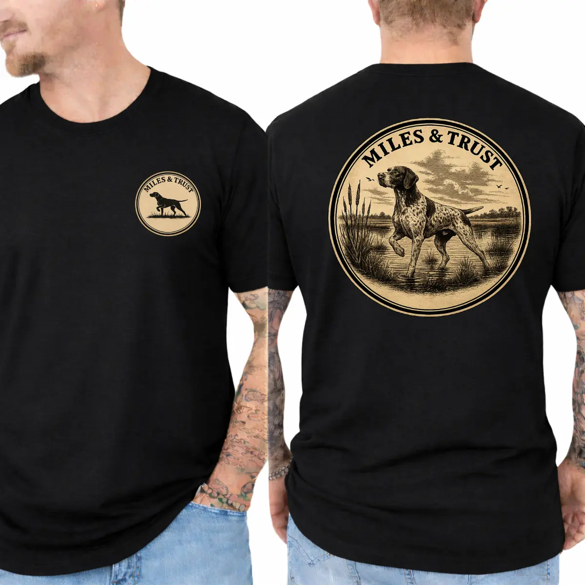 Miles And Trust Hunting Dog T-Shirt - Vintage Pointer Dog In Marsh Landscape Badge With Matching Chest Print , Men's Bird Hunting Tee , Upland Hunter Shirt , Outdoor Sportsman Apparel , Hunting Camp Outfit , Gift For Dog Hunters And Bird Dog Lovers Tops