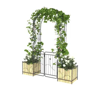 Garden Arbor with Gate & Two Planter Boxes, 86.6 inches Metal Garden Arch for Climbing Plants Outdoor ,  for Lawn, Patio and Backyard, Wedding Arch Party Decor