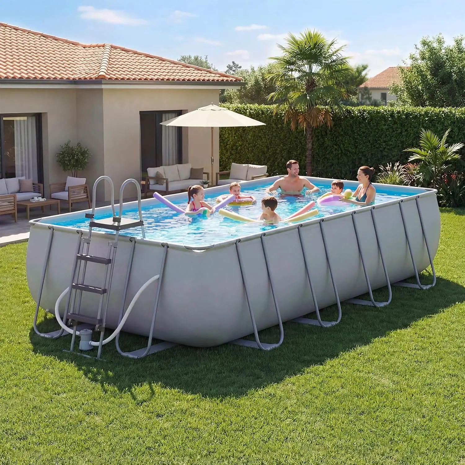 18' x 9' x 47" Rectangular Above Ground Pool Set | with Removable Ladder and Filter Pump, Large Swimming Pool for Backyard, Gray