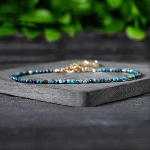 Natural Dainty Faceted Tiny Beads Chrysocolla Crystal Healing Charka Crystal Gold-Plated Chain Minimalist Bracelet Gift for Women