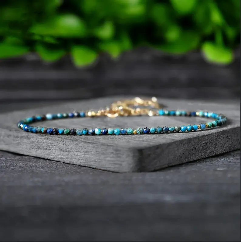 Natural Dainty Faceted Tiny Beads Chrysocolla Crystal Healing Charka Crystal Gold-Plated Chain Minimalist Bracelet Gift for Women