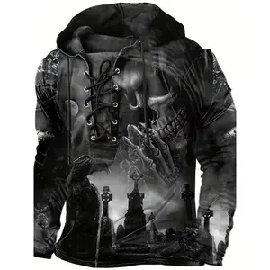 Men’s Gothic 3D Skull Print Hoodie — long-sleeve pullover with lace-up detail; black hooded sweatshirt for fall/winter; casual polyester blend; machine washable; knit fabric; menswear; spandex