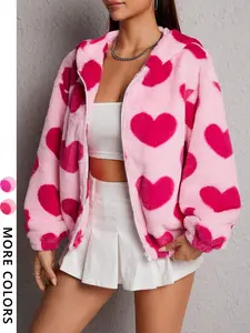 Women's Plush Heart Pattern Jacket, Casual Daily Wear, Simple Cute Unique Fashionable Street Style, Youth Campus Trendy Versatile Outerwear