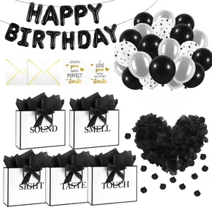 5 Senses Gift Bags for Him with Labels, Tissue Paper & Bow Ribbon | Happy Birthday Decorations Kit with Banner,Balloons, Rose Petals, Envelope, Card for Men, Women and Her (White with black trim)