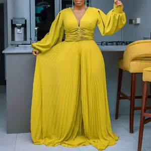 Summer Autumn Clothes  African Clothes Fashion Long Sleeve V-neck Polyester Ankara Jumpsuit for Women Party Evening Long Jumpsuit Outfits Light Check Womenswear Overalls Fitted