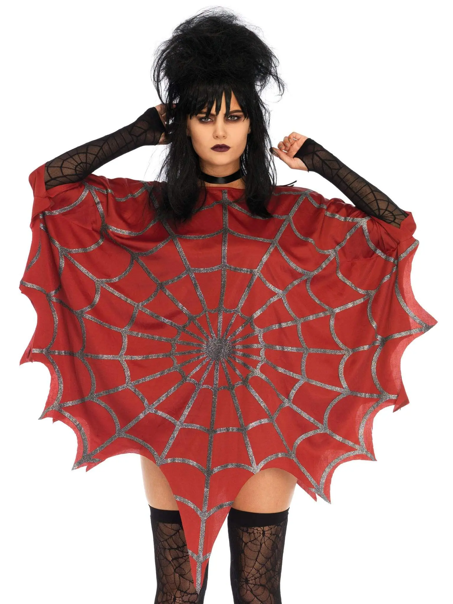 Women's Gothic Glitter Spider Web Costume Poncho, Fits Most Sizes, Sheer Lace Fabric, Matching Accessories Included