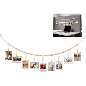 Hanging Photo Display for Office Cubicle With Clips, 9 Wood Clips & 2 Cubicle Clips for Fabric Wall, Photo Hanger for Boho Office Cubicle and Desk Decor