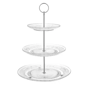 Royalty Art 3-Tiered Serving Stand (Glass) Beautiful, Elegant Dishware Serve Snacks, Appetizers, Cakes, Candies Durable, Reusable Party or Holiday Hosting (Silver) (1) (1) Adjustable Organiser Racks