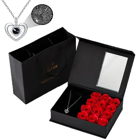 Rose Gift with I Love You in 100 Languages Necklace, Cute Valentine's Day Gift Box for Girlfriend, Mom or Wife, Love Heart Necklace Gift Idea for Valentine's Day and Birthday, Sentimental Necklaces