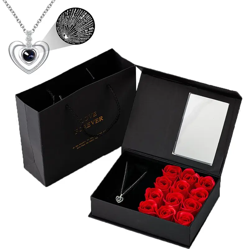 Rose Gift with I Love You in 100 Languages Necklace, Cute Valentine's Day Gift Box for Girlfriend, Mom or Wife, Love Heart Necklace Gift Idea for Valentine's Day and Birthday, Sentimental Necklaces