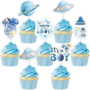24Pcs Houston We Have A Boy Cupcake Toppers Outer Space Baby Shower Decorations for Boys Space Cake Decorations Astronaut Planet Rocket Party Supplies