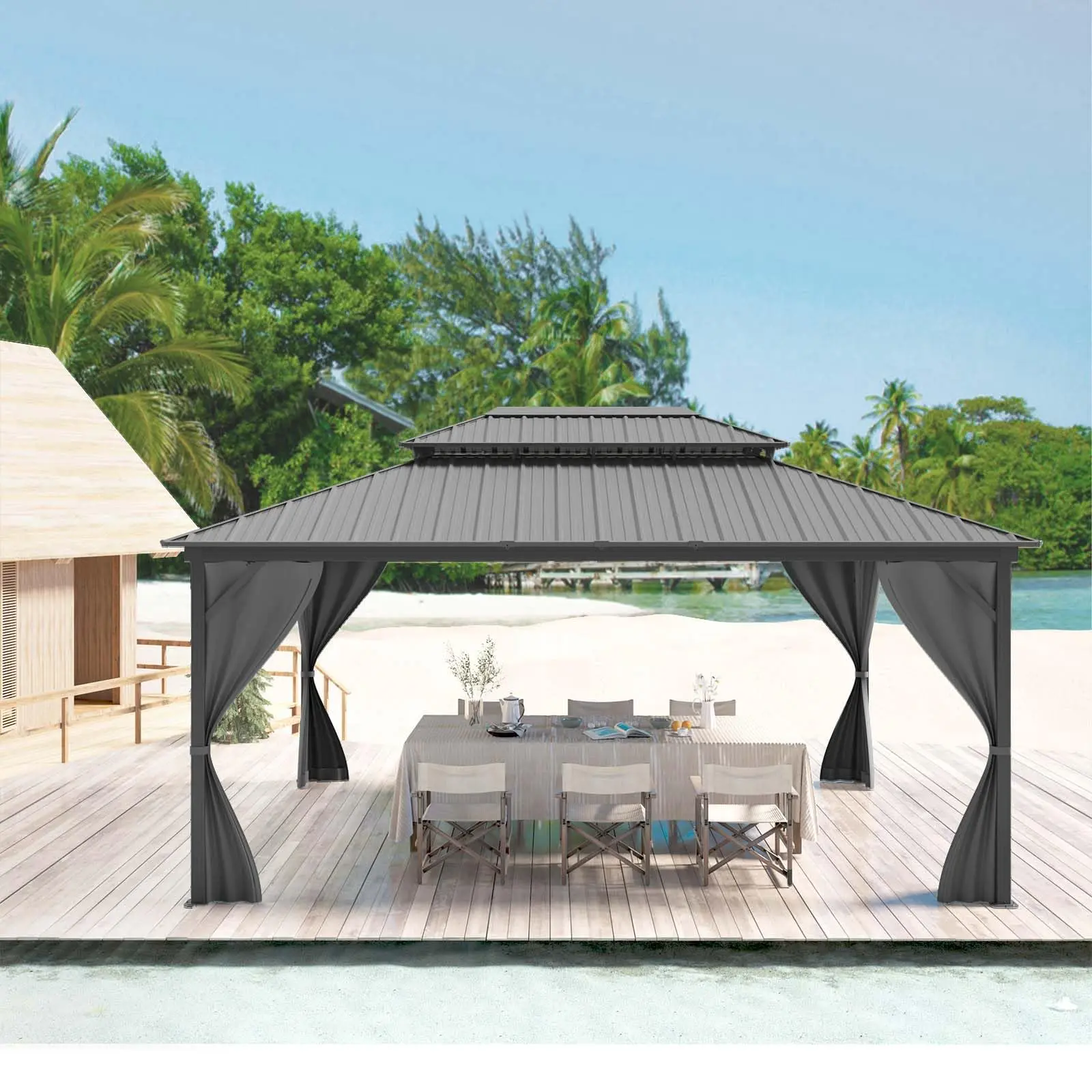 12x16 ft Hardtop Gazebo, Outdoor Metal Pavilion with Galvanized Steel & Aluminum Frame, Double Roof Canopy with Netting & Curtains – Ideal for Patio, Backyard, Deck & Lawn