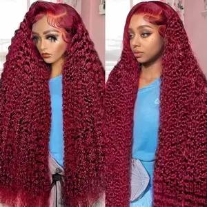 36 inch 34 inch 180% Density Burgundy / Natural Color 13x6 Lace Frontal Human Hair Deep Wave Wig  Water Wave Wig 99J Curly Wigs 13x6 HD Lace Frontal Wigs Human Hair Pre Plucked 99J Curly Human Hair Wig with Baby Hair