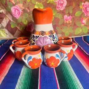Decorated Clay Pitcher Orange Set Drinkware Jugs Teapot Kitchenware with Vibrant Floral Design and Matching Cups 355 mill