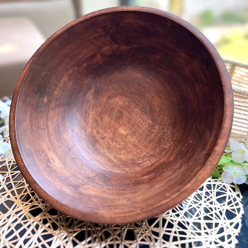 Large Walnut Wood Round Bowl, Salad Bowl, Natural Handmade Wooden Bowl, Mid Century Modern Wooden Bowl for Salads or Fruits, New Home Gift