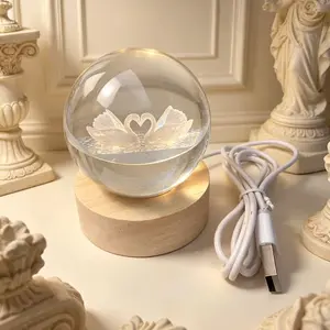 Unisex Base LED Heart Swan Crystal Ball Desktop Night Light, Starry Glass Sphere Decorative Ornament, Tabletop Decoration